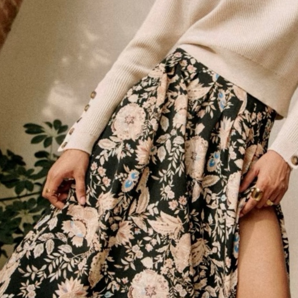Sezane Black Floral A-Line Skirt